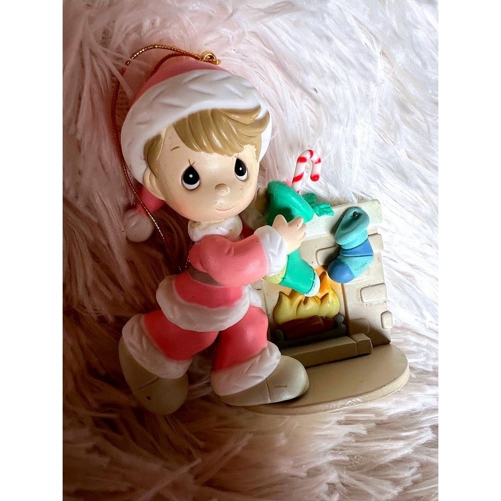 Precious Moments Ornament 1996 Pink Santa Fireplace Stocking Vintage